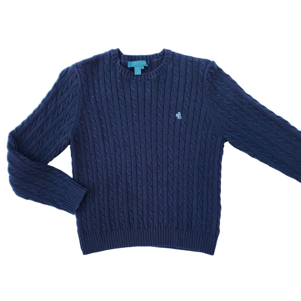 Lauren Ralph VTG 80's Petite Black PL Cotton Cable Logo Sweater Old Money Preppy - Picture 2 of 5